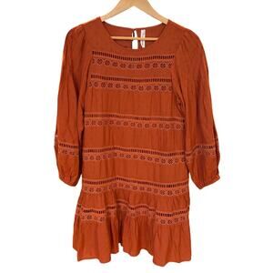 ANTHROPOLOGIE Women's Mini Dress XS Orange Lace Tiered Puff Sleeve Swiss Dot